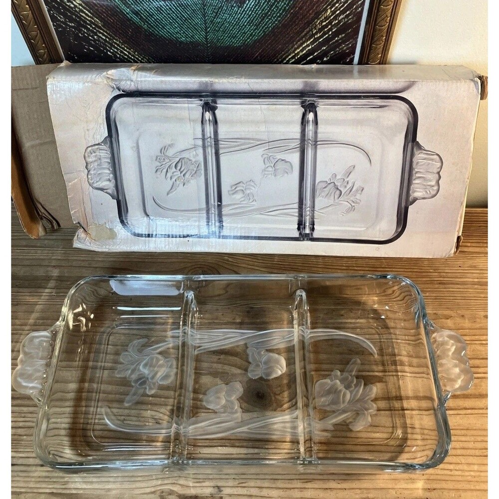 VTG Tuscany Collection Printemps 3 Part Frosted Iris Relish Tray 14x6" Box USA